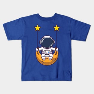 Cute Astronaut Swinging On Moon Cartoon Kids T-Shirt